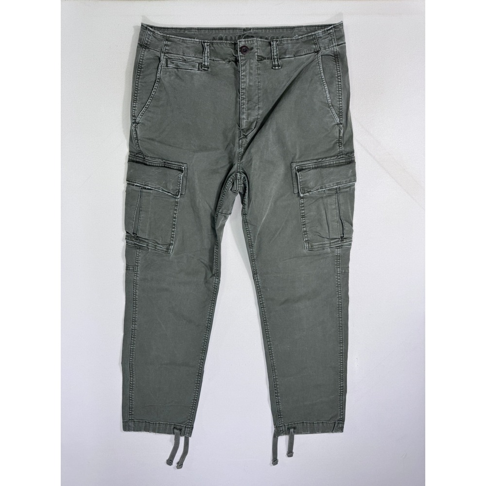 American Eagle Men Flex Slim Cargo Pants Green 34x30 (34x26) Drawstring Hem Army